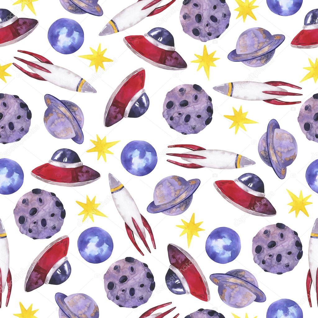 Seamless pattern with space rocket, flying saucer, planets and stars on white background. Hand drawn watercolor illustration.