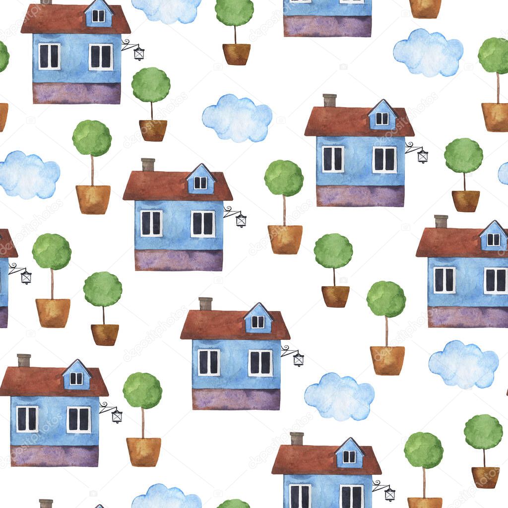 Seamless pattern with blue country house, clouds and green trees on white background. Hand drawn watercolor illustration.