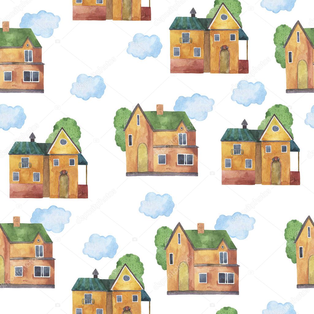Seamless pattern with cartoon country house, clouds and green trees on white background. Hand drawn watercolor illustration.