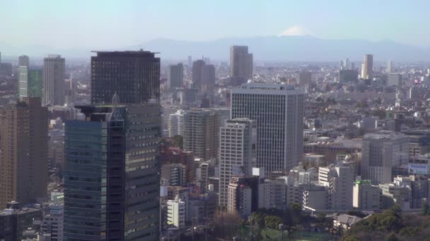 Башни в Токио, Япония, с горой Фудзи вдалеке — стоковое видео
