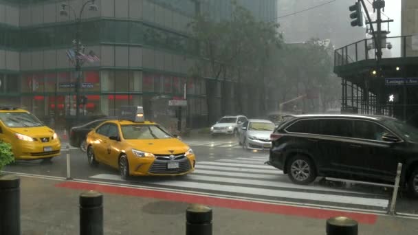 Ein Foto von Menschen, die bei schlechtem New Yorker Wetter zu einem Taxi rennen — Stockvideo