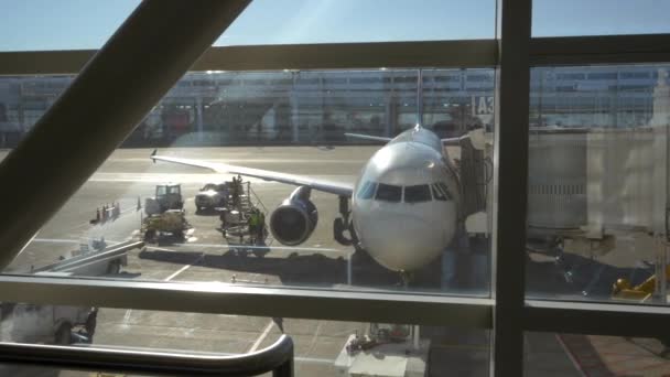 Vista dalla sala partenze di un aereo al gate di partenza — Video Stock