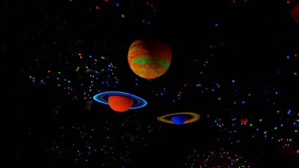 Evren arka plan alışılmadık renkli canlı gezegenlerde kümesi