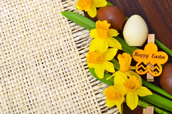Easter decoration on burlap background. — Stock Photo, Image