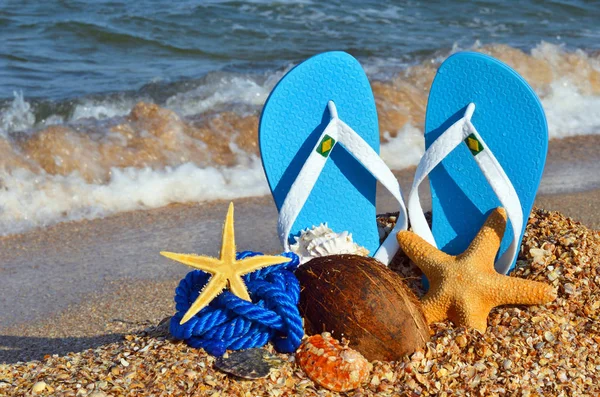 Colorful flip flops, starfish, coconut and rope. — Stock Photo, Image