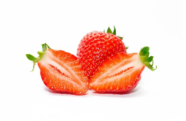 Red Strawberries Green Leaves White Background — Stock Photo, Image