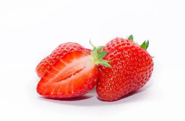 Red Strawberries Green Leaves White Background — Stock Photo, Image