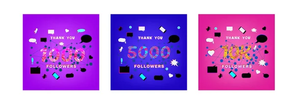 1000, 5000, 10k Follower bedanken sich mit Phrasen. Vektorillustration. — Stockvektor