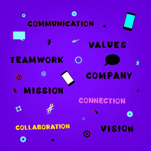 Küldetés, vízió, értékek, kapcsolat, együttműködés, társaság, kommunikációs, csapatmunka — Stock Vector