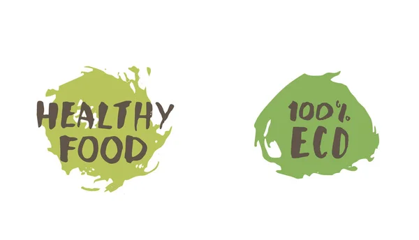 Comida Saludable y 100% Eco placa dibujada a mano. Ilustración vectorial . — Vector de stock