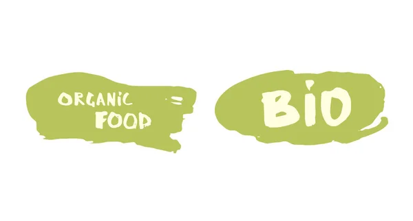 Alimentación ecológica y Biohand dibujado insignia. Ilustración vectorial . — Vector de stock