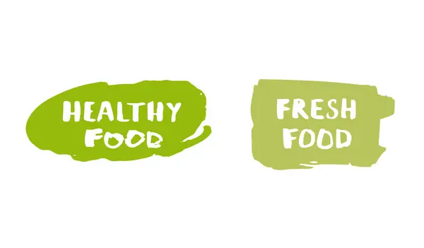 Alimentos saludables y alimentos frescos insignias dibujadas a mano. Ilustración vectorial . — Vector de stock