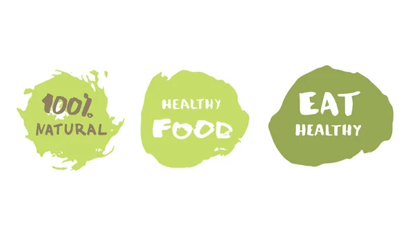 100% Natural, Alimentación Saludable y Comer Insignias saludables dibujadas a mano. Ilustración vectorial . — Vector de stock