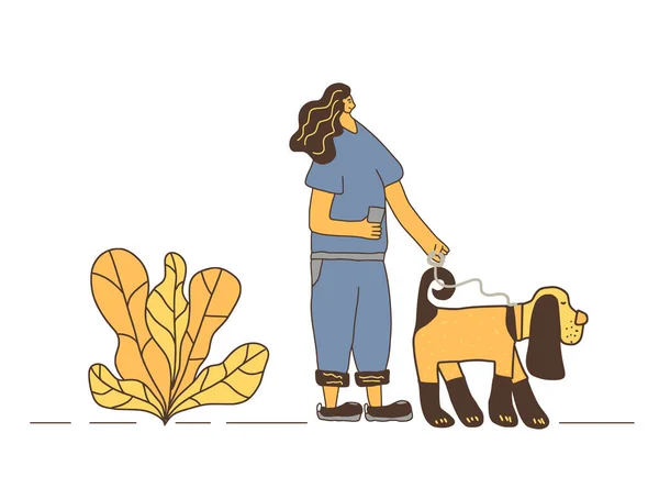 Paseo de perros. Persona humana con perro. Diseño vectorial . — Vector de stock