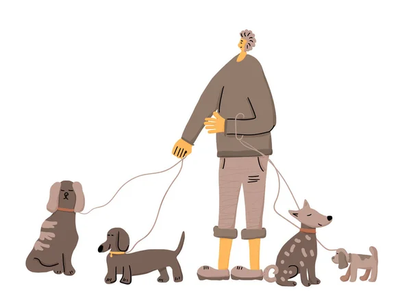 Paseo de perros. Persona humana con perro. Diseño vectorial . — Archivo Imágenes Vectoriales