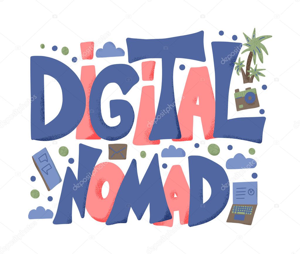 Digital nomad text emblem with decor Vector design