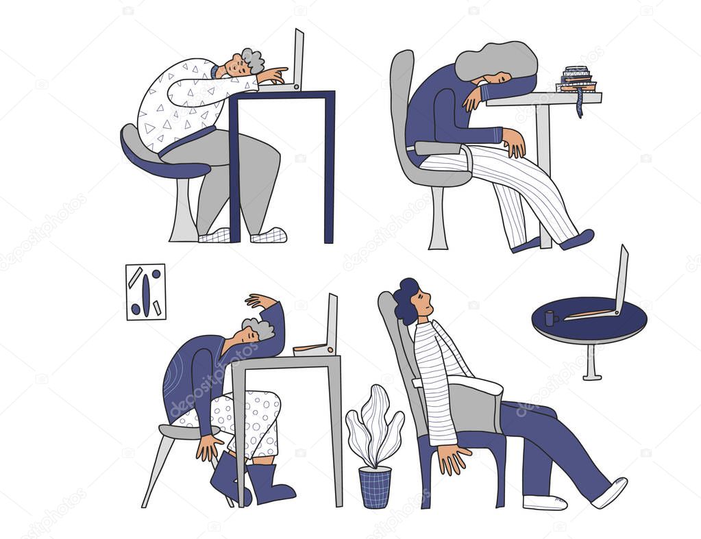 Tired person sitting and sleeping. Vector design.