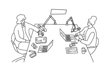 Podcast şov stüdyosu konsepti. Vektör basit tasarımı.