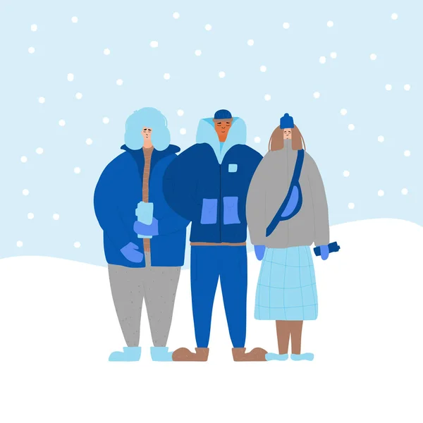 Vintermänniskor klädda i varma ytterkläder. — Stock vektor