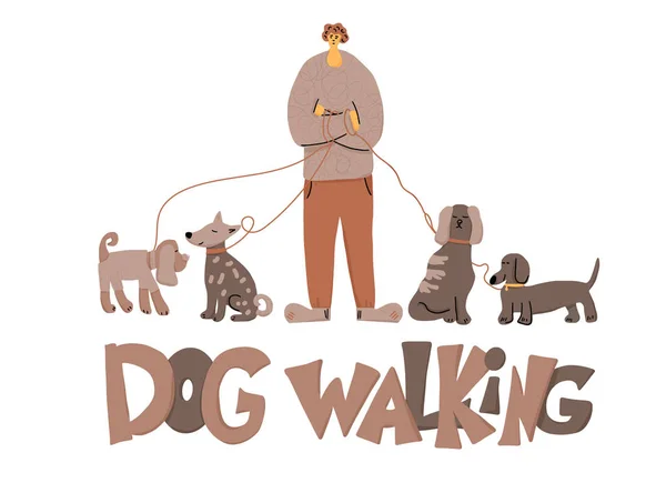 Paseo de perros. Persona humana con perro. Diseño vectorial . — Archivo Imágenes Vectoriales