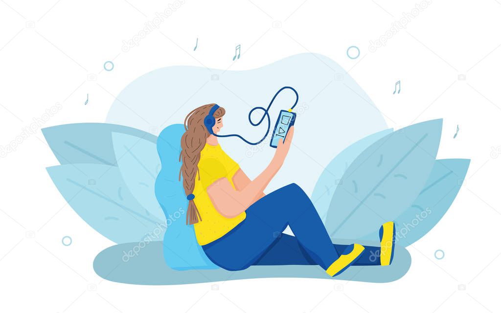 Podcast vector concept. Girl with audio stuff.