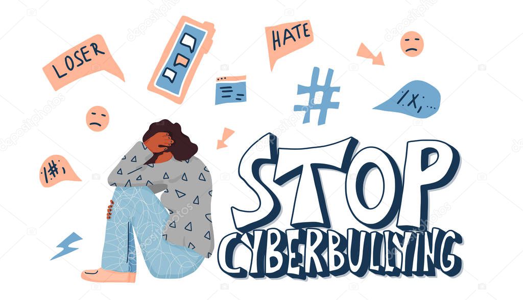 Stop cyberbullying emblem. Hand drawn vector text 