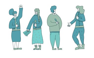 Konuşmacı karakterler. Mikrofonlu bir grup genç kadın. Ben hatip. Mikrofonlu kızlar tam boy. Vektör renk çizimi.