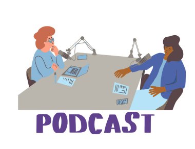 Podcast konsepti. Genç kadınlar stüdyoda sohbet ediyorlar. Kadın sunucu ve yeni podcast bölümü. Vektör düz çizim.