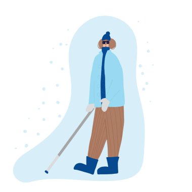 Sıcak moda kıyafetler giymiş bastonlu görme engelli bir karakter. Sopalı kör bir adam. Vektör rengi düz çizgi film çizimi.