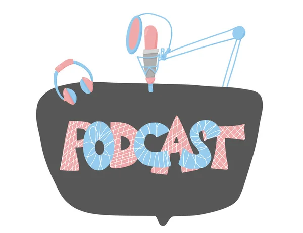 Podcast Emblem Mit Sprechblase Text Und Logo Studiomikrofon Und Schriftzug — Stockvektor