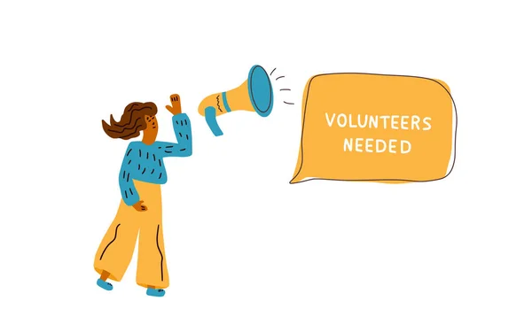 Önkénteseknek Sms Volt Szükségük Egy Nővel Kézzel Rajzolt Kifejezés Beszédbuborékkal — Stock Vector
