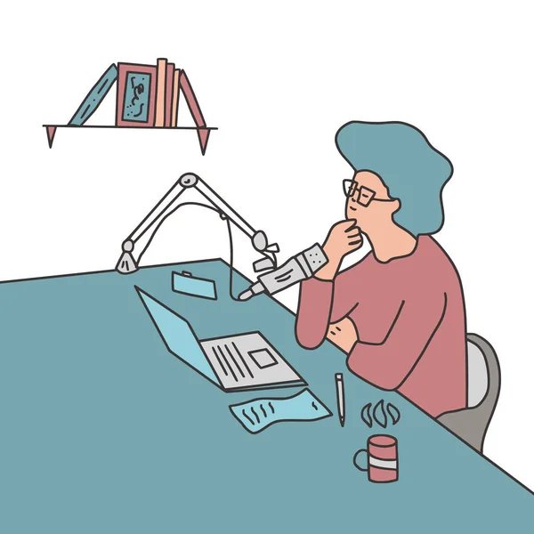Podcast konsepti. Genç bir kadın podcast kaydediyor. ASMR blogcusu yeni bir içerik oluşturdu. Karalama biçiminde vektör illüstrasyonu.