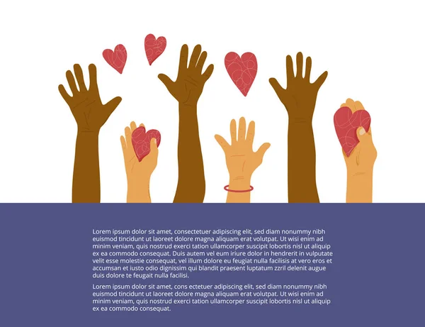 Vrijwilligers Banner Sjabloon Verschillende Omhoog Handen Met Hart Hulp Symbolen — Stockvector