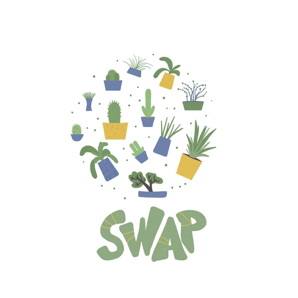 Swap Emblem Runde Zusammensetzung Der Zimmerpflanzen Set Von Topfpflanzen Sammlung — Stockvektor