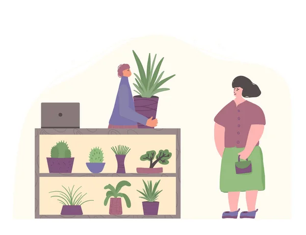 Zimmerpflanzen Kaufen Ein Verkauf Von Topfpflanzen Verkäufer Bepflanzt Mit Seinem — Stockvektor