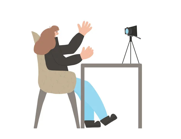 Joven Blogger Sentado Grabando Video Mujer Linda Agitando Las Manos — Vector de stock