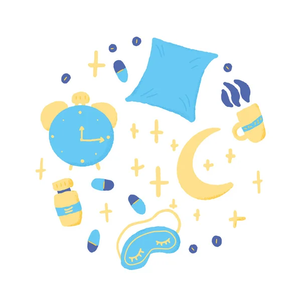 Emblème Rond Insomnie Composition Circulaire Avec Symboles Insomniaques Masque Lune — Image vectorielle