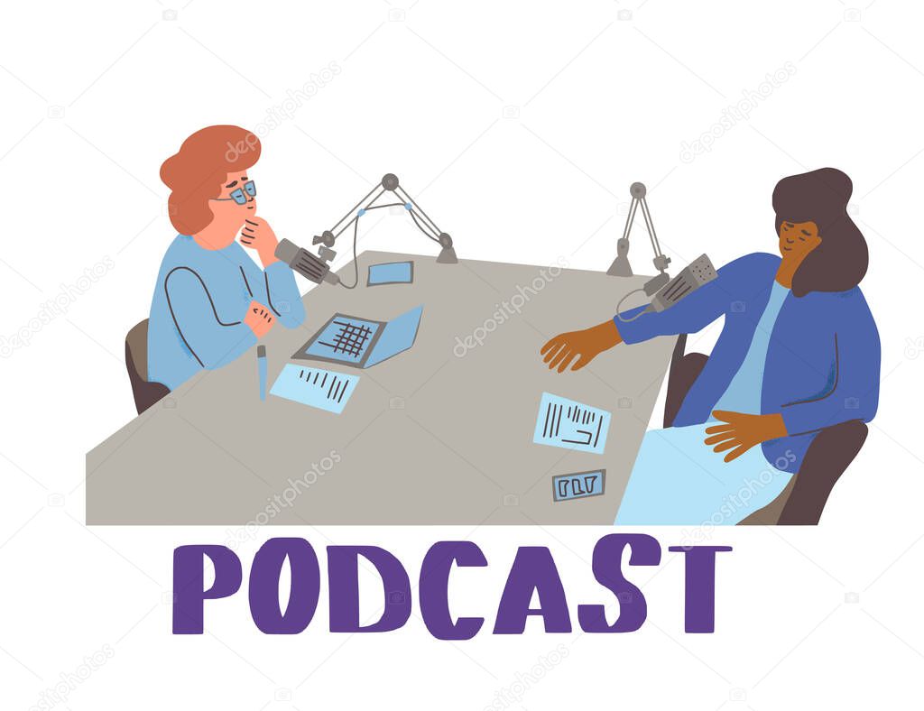 Podcast concept. Young women have a conversation  in a studio. Female host and her guest recording new podcast episode. Vector flat illustartion.