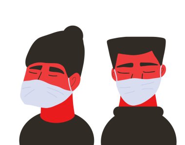 Coronavirus. Beyaz tıbbi yüz maskesi takan kadın ve erkek. Koruyucu maskeli arkadaşlar ya da aile üyeleri. 2019-NCoV karantinası. Koronavirüs salgını. Vektör düz resimleme.
