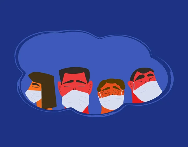 Salgın karantina. Beyaz tıbbi yüz maskesi takan kadın ve erkekler. Koruyucu maskeli arkadaşlar ya da aile üyeleri. 2019-NCoV. Koronavirüs salgını. Vektör düz resimleme.