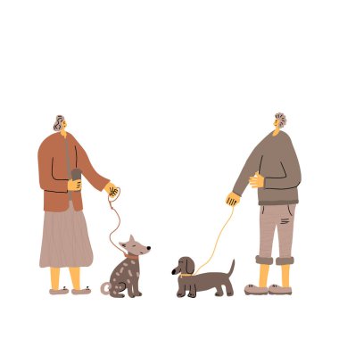 Köpek sahipleri evcil hayvanlarla durup yaşam tarzından bahsediyorlar. Genç adam ve kadın köpeklere tasma takıyor. Vektör illüstrasyonu.