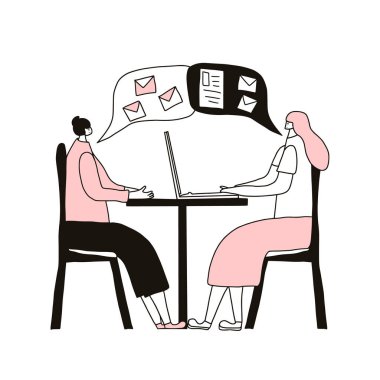 İş toplantısı konsepti. Gündelik giysiler giymiş iki kadın masada oturuyor. İki iş arkadaşı fikir ve iş planlarını birbiriyle paylaşıyor. Vektör illüstrasyonu.