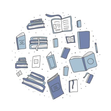 Çizik stili bir kitap. Okuma sembolleriyle çember oluşturun. Eğitim konsepti. Vektör illüstrasyonu.