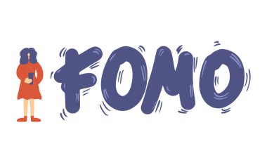 FOMO kısaltması beyaz arka planda izole edilmiş. Genç bir bayan sosyal kaygı hissediyor ve sakinleşmek için telefonunu kullanıyor. İnternet argosu. Konsepti kaçırma korkusu. Vektör illüstrasyonu
