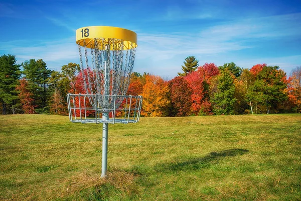 Cesta de buraco de golfe disco no parque de outono — Fotografia de Stock