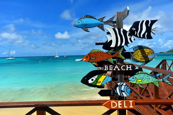Znak Plaży Tropikalnej Wyspie Białym Piaskiem Turkusową Wodą — Zdjęcie stockowe
