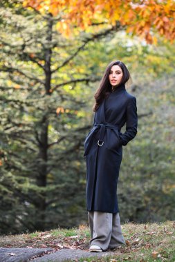 Güz parkında yürüyen muhteşem genç bir kadın. Doğada güzel sonbahar zamanı