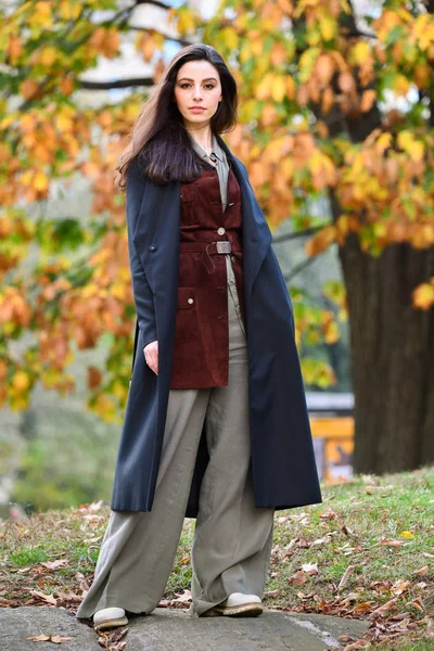 Fall Concept Elegant Young Brunette Woman Walking Park Autumn Foliage — Stock Photo, Image