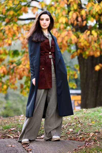 Concepto Otoño Elegante Joven Morena Caminando Parque Con Follaje Otoño —  Fotos de Stock