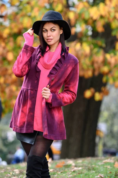美しいスタイリッシュな若い女性でファッショナブルな明るいセーターと帽子秋の公園でポーズ — ストック写真